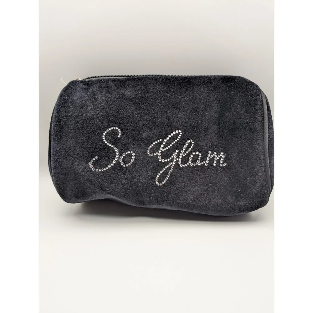 Vintage Bath Body Works So Glam Rhinestone Black Velvet Velour Cosmetic Bag Zip